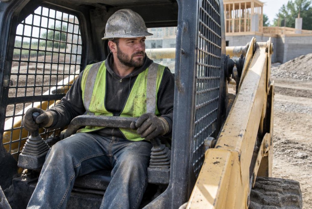 Heavy equipment operator in the cab of a skid steer loader at a job site