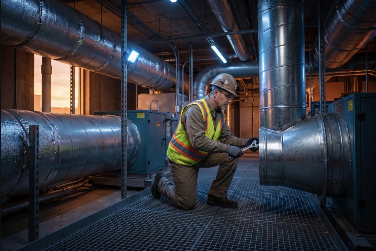 HVAC technician servicing a rooftop commercial air conditioning unit
