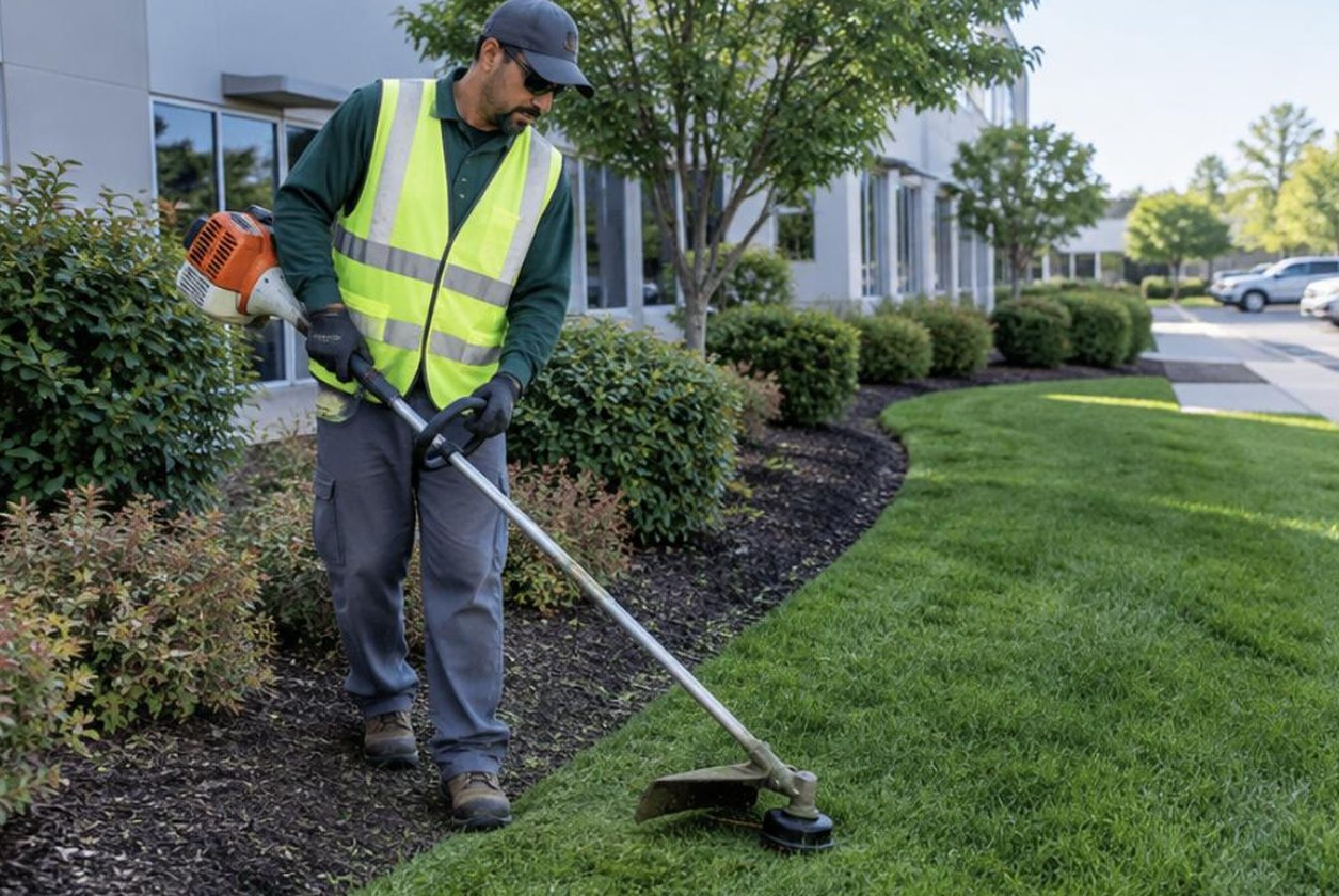 Landscaper operating a string trimmer along a commercial property edge