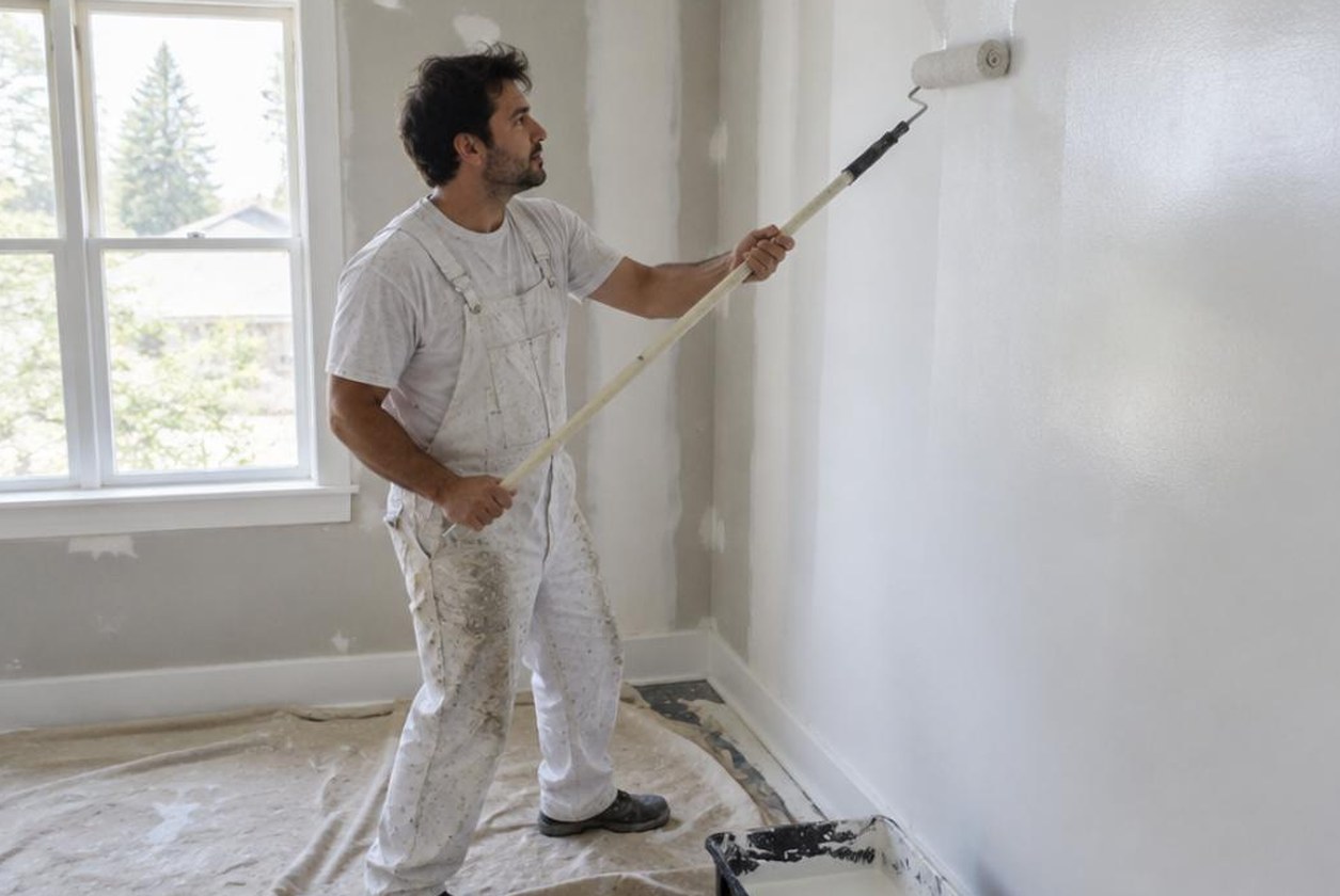Painter rolling fresh paint onto an interior drywall wall
