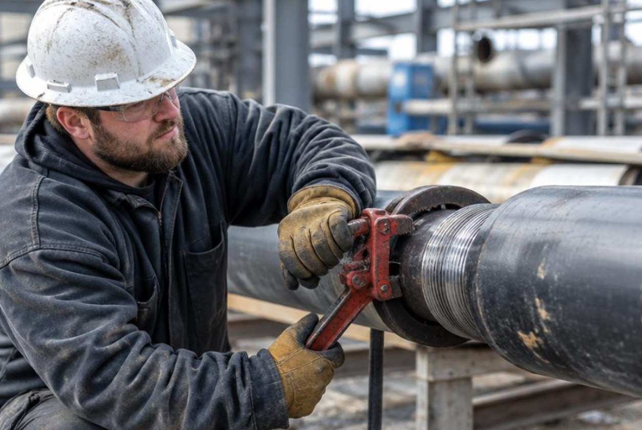 Pipefitter threading and assembling large-diameter steel pipe at an industrial site