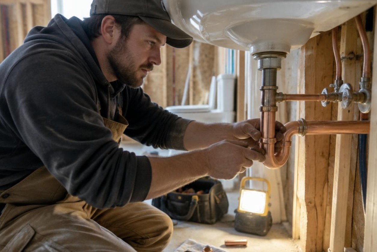 Plumber installing copper pipe fittings under a sink in new construction