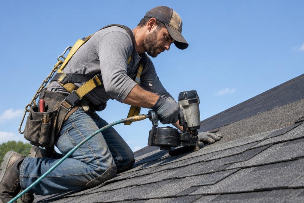Roofer installing asphalt shingles on a sloped residential roof