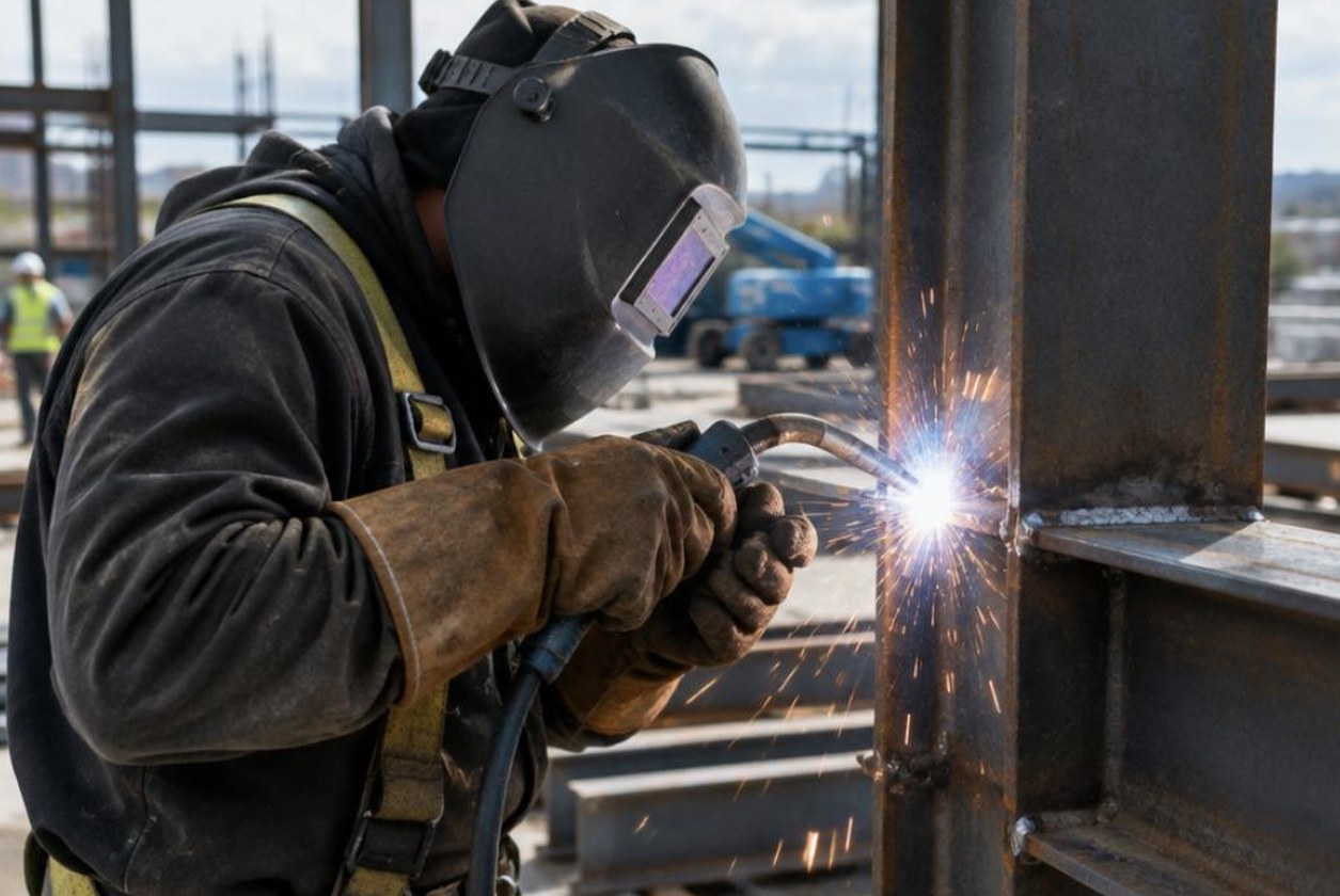 Welder in a protective mask welding a steel joint on a structural frame
